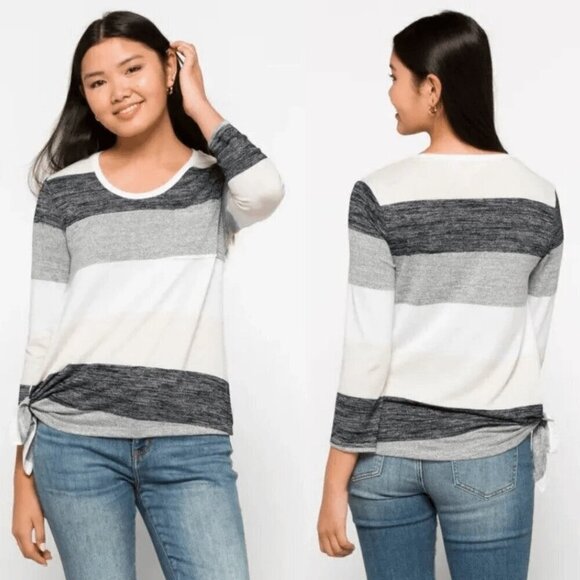 Market & Spruce Vreelan Colorblock Multicolor Side Knot Brushed Knit Top Soft - Picture 3 of 10